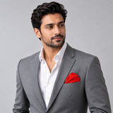 Valentine Red pocket square — model · light grey and open collar.