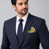 Weaving Pattern pocket square — formal model · navy and tie.
