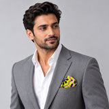 Weaving Pattern pocket square — model · light grey and open collar.