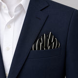 White Cane Crow pocket square — navy jacket · alternate fold.