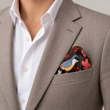 Winter Birds and Autumn Leaves pocket square — light jacket · wearing detail.