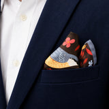 Winter Birds and Autumn Leaves pocket square — navy jacket · alternate fold.