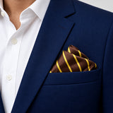 Yellow Cane Hazel pocket square — navy jacket · wearing detail.